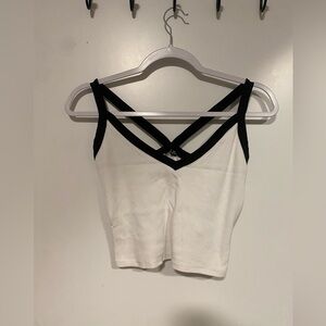Garage White Cropped Tank Top with Black Strappy Trim